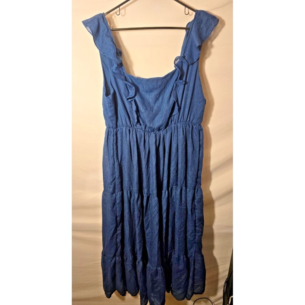 Penelope Rose Women’s Coastal Scandi 1X Plus Ruffles Dress Deep Blue Maxi